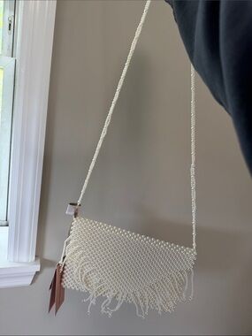 Pearl Beaded Fringe Crossbody Bag in Ivory